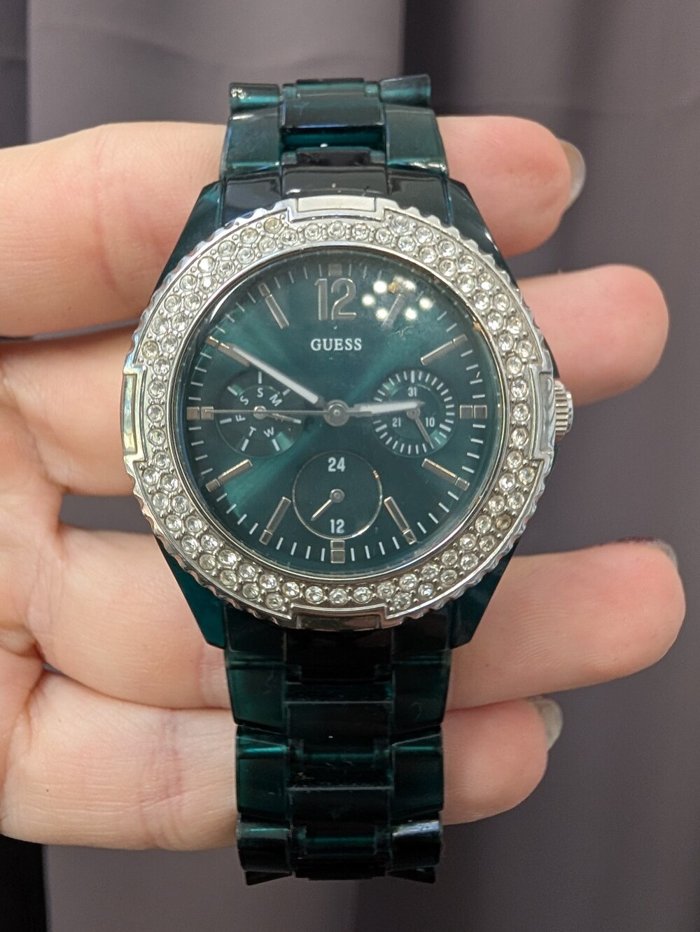 GUESS Wateresist U0062L3 Women’s Teal Crystal Bezel Multifunction Bracelet Watch